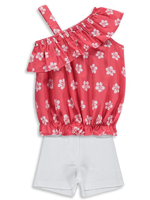 Civil Girls Çiçek Desenli Volanlı 6-9 Yaş Takım - Kırmızı