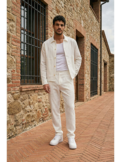 Livio Ferri Talbot Premium Keten Desenli Düğmeli Ceket Pantolon Erkek Takım Relax Kalıp