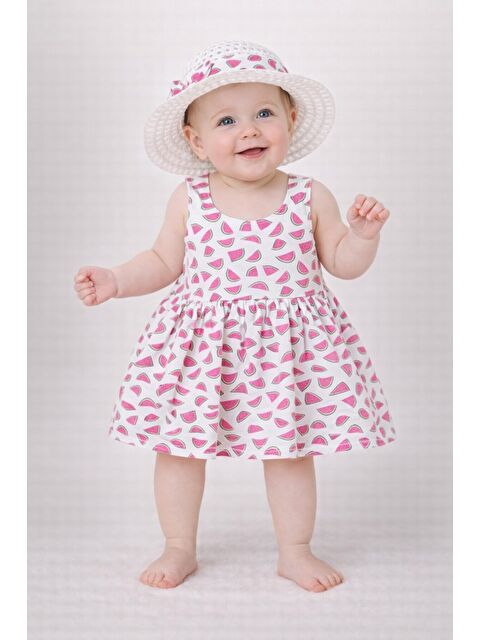 Chicsy Baby Tatlı Karpuz Desenli Şapkalı Fiyonklu Kız Bebek Elbisesi