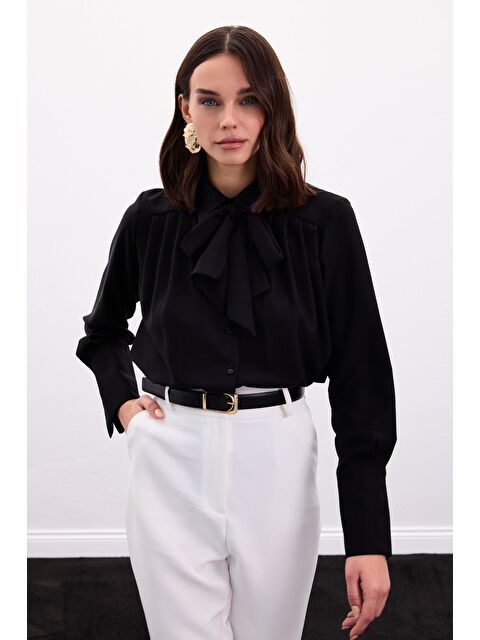 SATEEN Fularlı Gömlek - Siyah - S000499963-19351