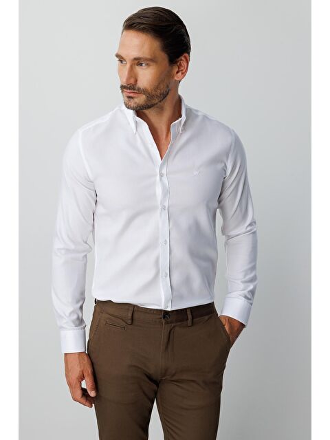 igs Beyaz Slim Fit Dar Kalıp Klasik Yaka Düz Uzun Kollu Cepsiz %100 Pamuk Gömlek - S000490147-20063