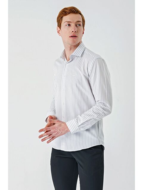 İMZA Beyaz Uzun Kollu Çizgili Armürlü Cepsiz Pamuklu Klasik Slim Fit Dar Kesim Gömlek 1004240229 - S000357271-17219