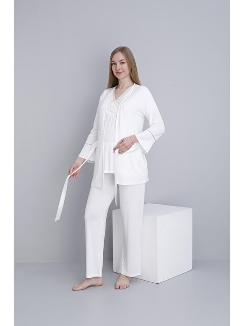 MİSS DÜNYA LİSSA Beyaz Dantel Şeritli V Yaka Sabahlıklı Hamile ve Lohusa Pijama Takımı - S000380278-20063