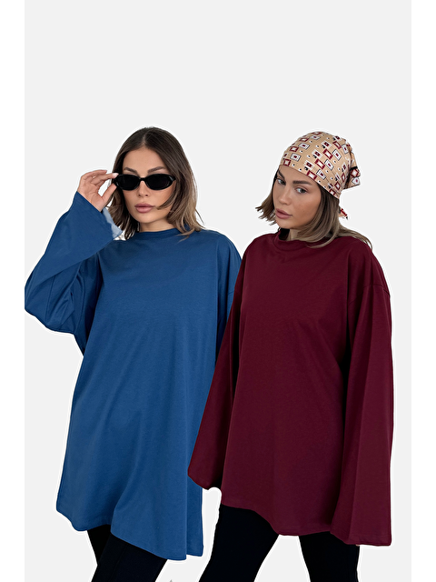 C&City Geniş Kol Oversize 2'Li Paket T-Shirt 964 İndigo/Bordo - S000388295-23093