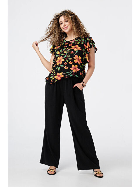 Stil Diva Büyük Beden Bisiklet Yaka Baskılı Kolları Fırfırlı Bluz E26414 - S000426462-29705