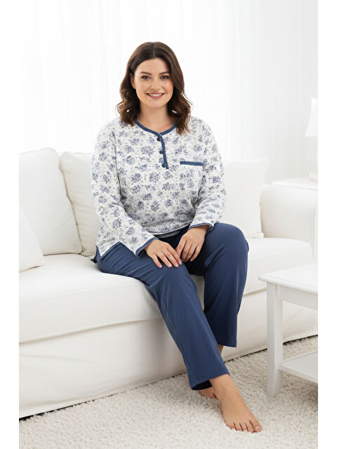 Remsa Büyük Beden Kadın Uzun Kol Kroşetalı Patlı Pamuklu Pijama Takımı 250696 Beyaz12 - S000464663-43