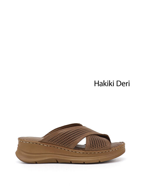 GÖNDERİ(R) Kadın KAHVERENGİ Dolgu Taban Hakiki Deri Terlik