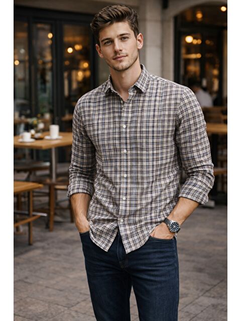 Tarz Cool Erkek Ekose Slim Fit Gömlek Uzun Kollu Pamuklu Günlük & Casual Gömlek