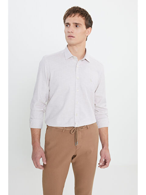 Altınyıldız Classics Erkek Bej %100 Pamuk Oxford Slim Fit Dar Kesim Klasik Yaka Balıksırtı Desenli Gömlek - S000529418-19928
