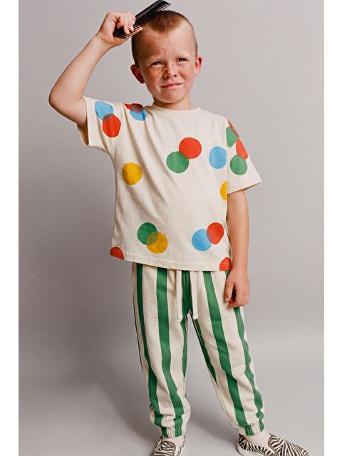 Magu Unisex Çocuk Pamuklu Puantiyeli T-Shirt Çizgili Eşofman Takım