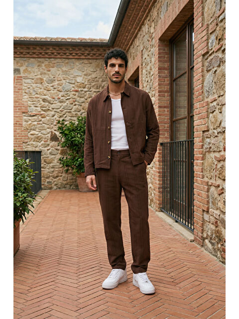 Livio Ferri Talbot Premium Keten Desenli Düğmeli Ceket Pantolon Erkek Takım Relax Kalıp