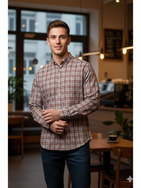 Tarz Cool Erkek Ekose Slim Fit Gömlek Uzun Kollu Pamuklu Günlük & Casual Gömlek