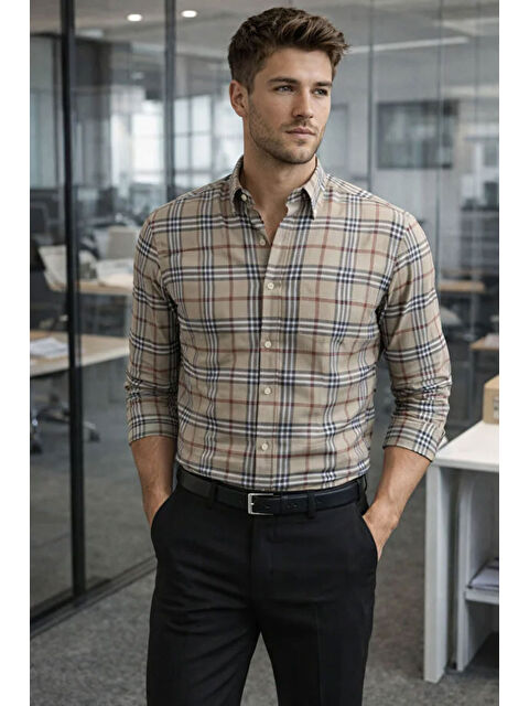 Tarz Cool Erkek Ekose Slim Fit Gömlek Uzun Kollu Pamuklu Günlük & Casual Gömlek