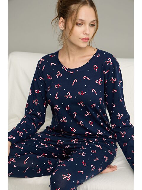 Siyah İnci Lacivert Şeker Desenli Örme Pamuklu Pijama Takım25240239 - S000423119-21164