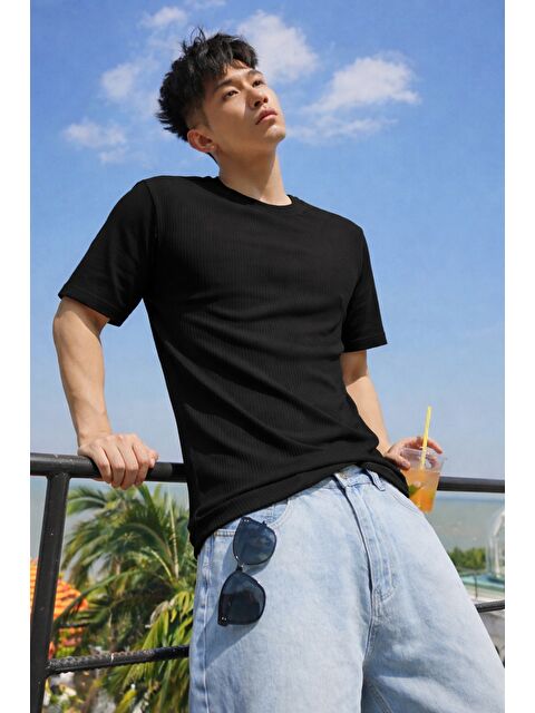 Tarz Cool Erkek Jakarlı Oversize Tişört Bisiklet Yaka Rahat Kalıp Yazlık Basic T-Shirt