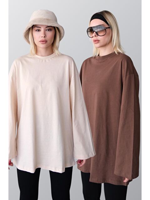 C&City Geniş Kol Oversize 2'Li Paket T-Shirt 964 Bej/Kahverengi - S000388295-37207