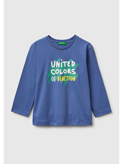 United Colors Of Benetton Erkek Çocuk Önü Logo Baskılı Yuvarlak Yaka Uzun Kollu T-Shirt - S000517310-23173