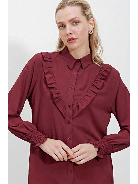 Hazelin Kadın Bordo Fırfır Detaylı Uzun Kollu Gömlek HZL25W-BD1202231 - S000498963-19951