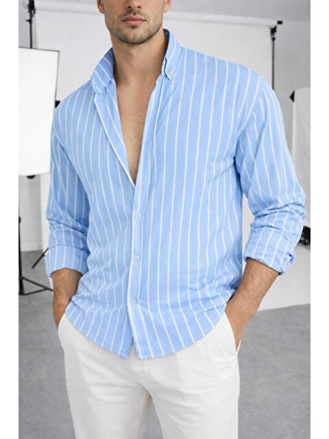 Tarz Cool Erkek İki Çizgili Regular Relaxed Fit Uzun Kollu Gömlek