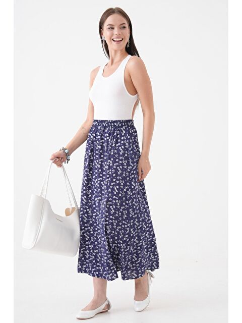 Saade Lacivert Kadın A Kesim Beli Lastikli Desenli Yırtmaçlı Midi Dokuma Etek - Viskon - S000497496-21164