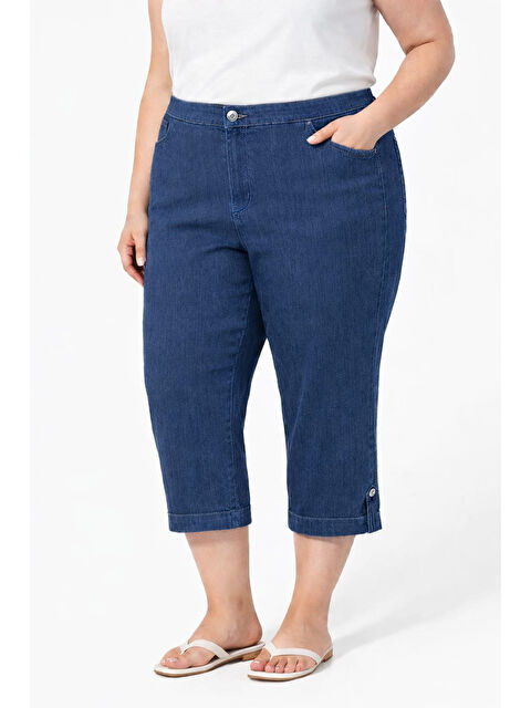 Remsa Büyük Beden Kadın Diz Altı Paçası Düğme Detay Jean Kapri 02 Lacivert - S000527465-21164