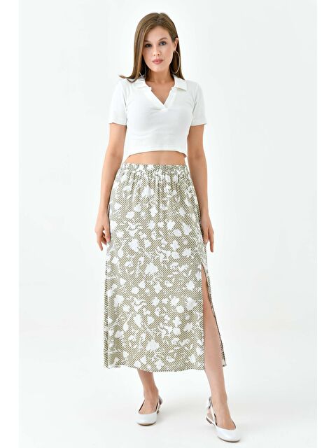 Saade Mint Kadın A Kesim Beli Lastikli Desenli Yırtmaçlı Midi Dokuma Etek - Viskon - S000497496-1180