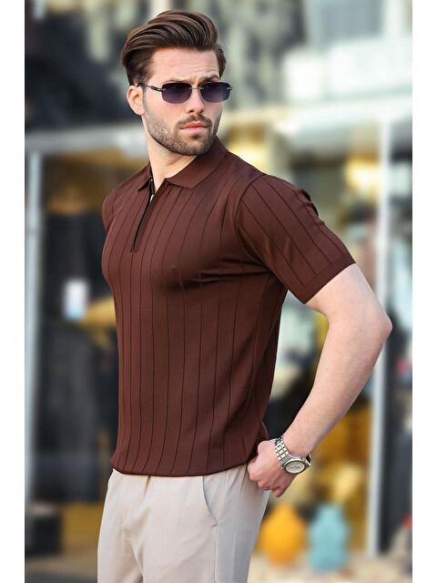 Madmext Kahverengi Polo Yaka Fermuarlı Erkek T-Shirt E7298 - S000369912-19413