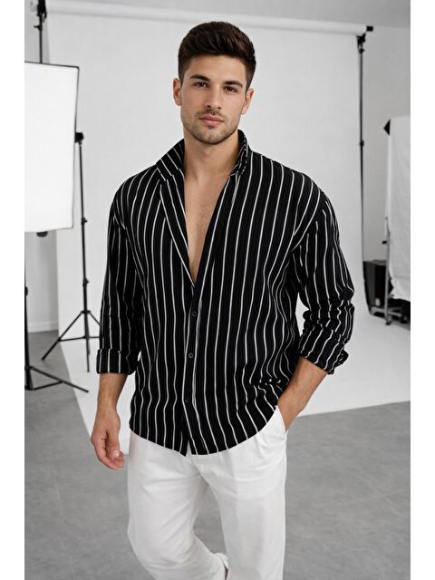 Tarz Cool Erkek İki Çizgili Regular Relaxed Fit Uzun Kollu Gömlek