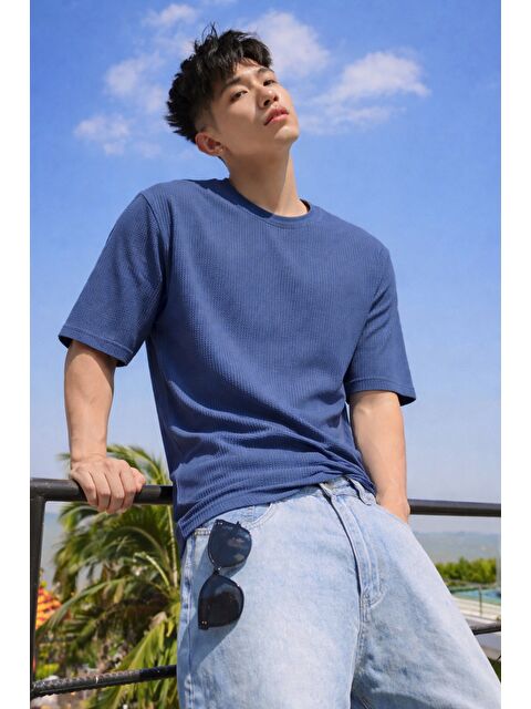 Tarz Cool Erkek Jakarlı Oversize Tişört Bisiklet Yaka Rahat Kalıp Yazlık Basic T-Shirt