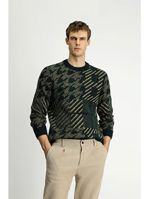 Kiğılı Bisiklet Yaka Regular Fit Desenli Yünlü Triko Kazak - S000494115-19416