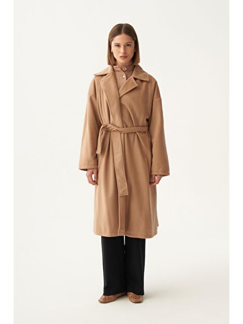 ALLDAY Koyu Bej-Kruvaze Yaka Kuşaklı Kaşe Kaban - S000107665-19933