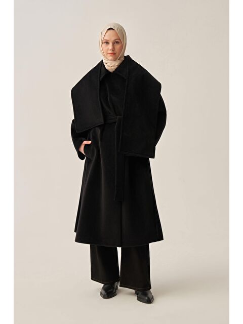 ALLDAY Siyah-Atkılı Uzun Kaşe Kaban - S000505886-19351