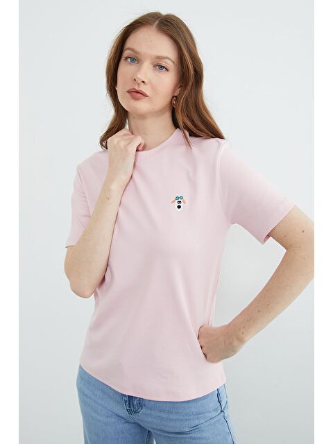 Fullamoda Köpek Nakışlı Bisiklet Yaka Tişört - S000532041-20024