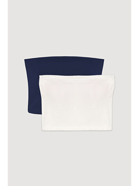 QUZU Basic Büstiyer Bluz 2' li Paket Ekru-Lacivert - S000436882-37265