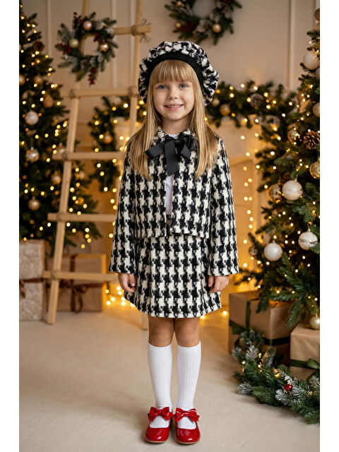 Parla Kids Kız Çocuk Santa Siyah Beyaz Ekose Alt Üst Etek Ceket Kepli Yılbaşı Takım - S000485819-37424