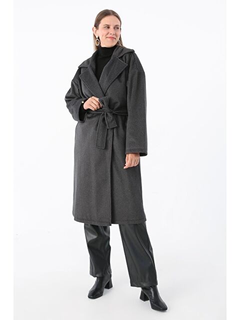 ALLDAY Siyah-Kruvaze Yaka Kuşaklı Kaşe Kaban - S000107665-19351