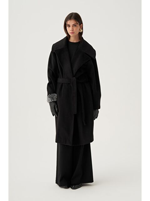 ALLDAY Siyah-Oversize Kuşaklı Kaşe Kaban - S000105940-19351