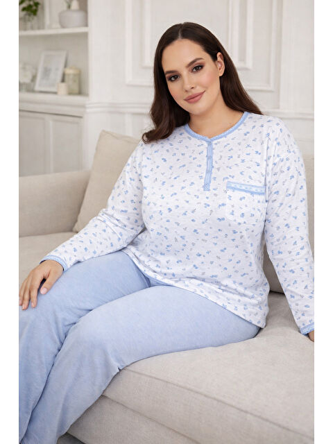 Remsa Büyük Beden Kadın Uzun Kol Kroşetalı Patlı Pamuklu Pijama Takımı 240846 Beyaz05 - S000464663-37233