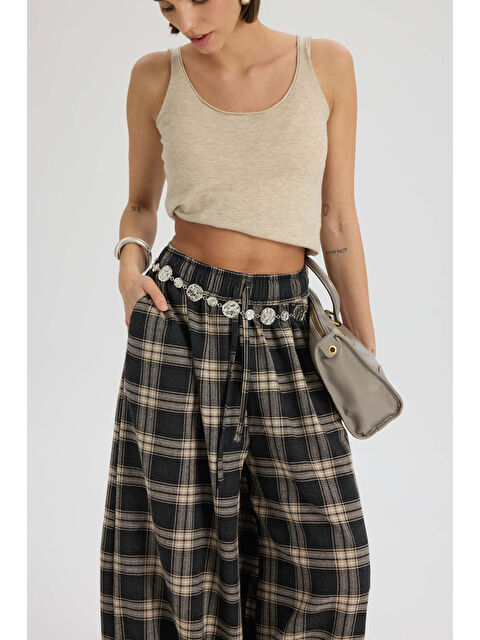 Mai Collection Jolene Ekoseli Antrasit Şalvar Pantolon