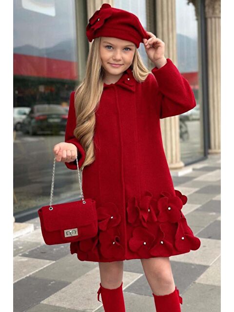 Riccotarz Kız Çocuk Yakası Taş ve Yonca Detaylı Çıtçıt Düğmeli Kırmızı Kaşe - S000499971-20045