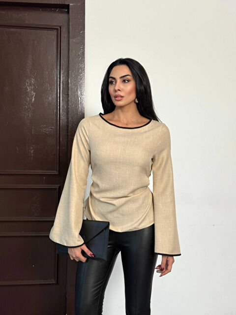 Hazelin Kadın Bej İp Bağlamalı Biye Detaylı Uzun Kollu Keten Bluz HZL25W-FRY123691 - S000498965-19928