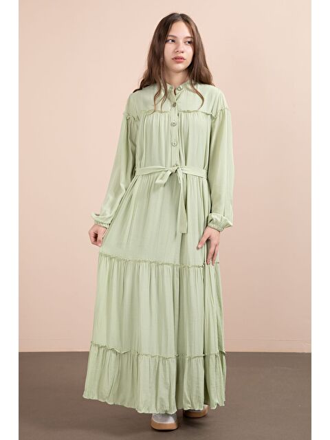 Cansın Mini Yeşil Kolları Büzgülü Kuşaklı Kız Çocuk Uzun Elbise 23400 - S000485818-18194