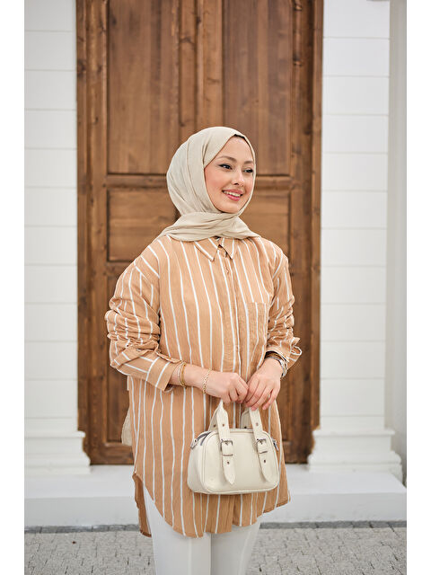 Locco Moda Kadın Kalın Çizgili Detay Gömlek Vizon - S000527470-26429