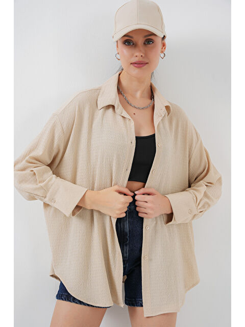 Bigdart Kadın Örme Oversize Gömlek 20264 - Bej - S000366003-19928