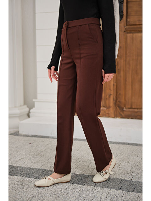 Locco Moda Kadın Çima Detay Düğmeli Kumaş Pantolon Acı Kahve