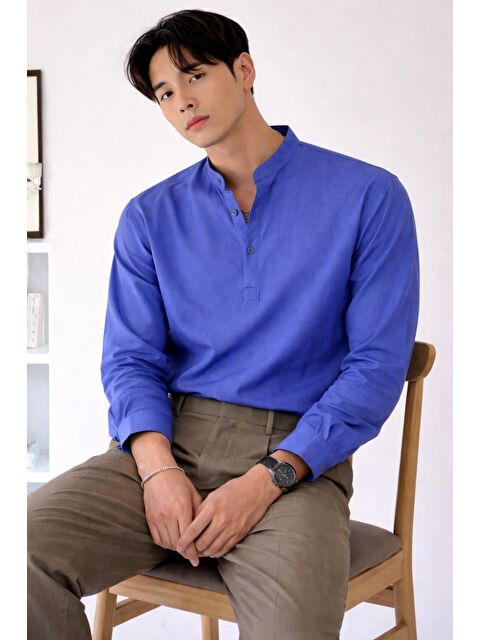 Tarz Cool Keten Karışımlı 3 Düğmeli Hakim Yaka Erkek Gömlek Slim Kesim Yazlık