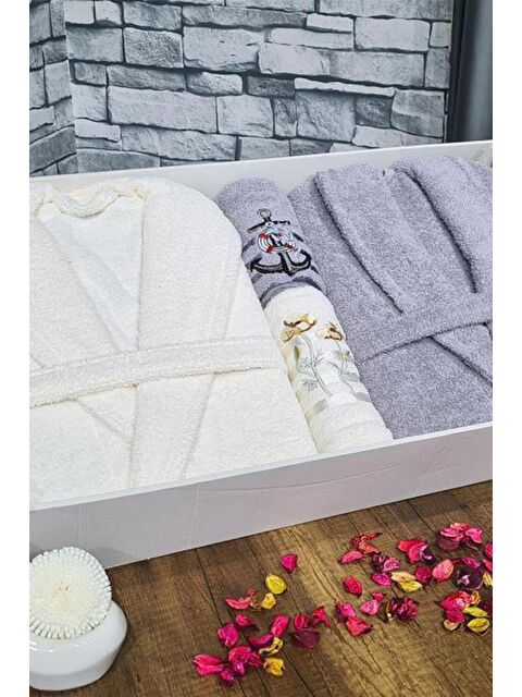 Çeyiz Diyarı Çeyizlik Aile Bornoz Seti 4 Parça Krem Gri - S000486229-23173