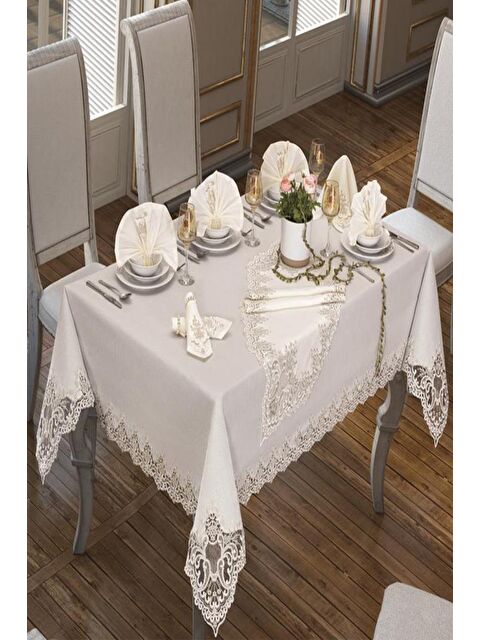 Çeyiz Diyarı Sümbül Masa Örtüsü 160x220 Cm 26 Parça Krem - S000486231-19966