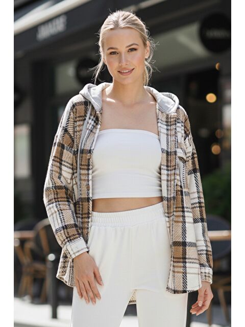 Chiccy Kahve-Beyaz Kapüşonlu Uzun Kol Oduncu Ekose Düğmeli Cepli Dokuma Gömlek 68 65 - S000486866-37319