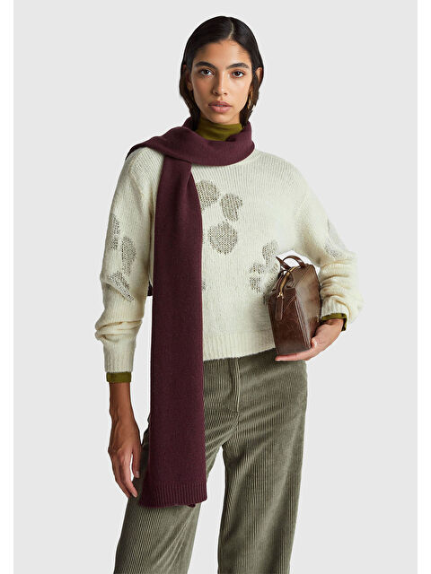 United Colors Of Benetton Kadın Krem Akrilik ve Yün Karışımlı Desenli Bisiklet Yaka Kazak - S000481897-19966